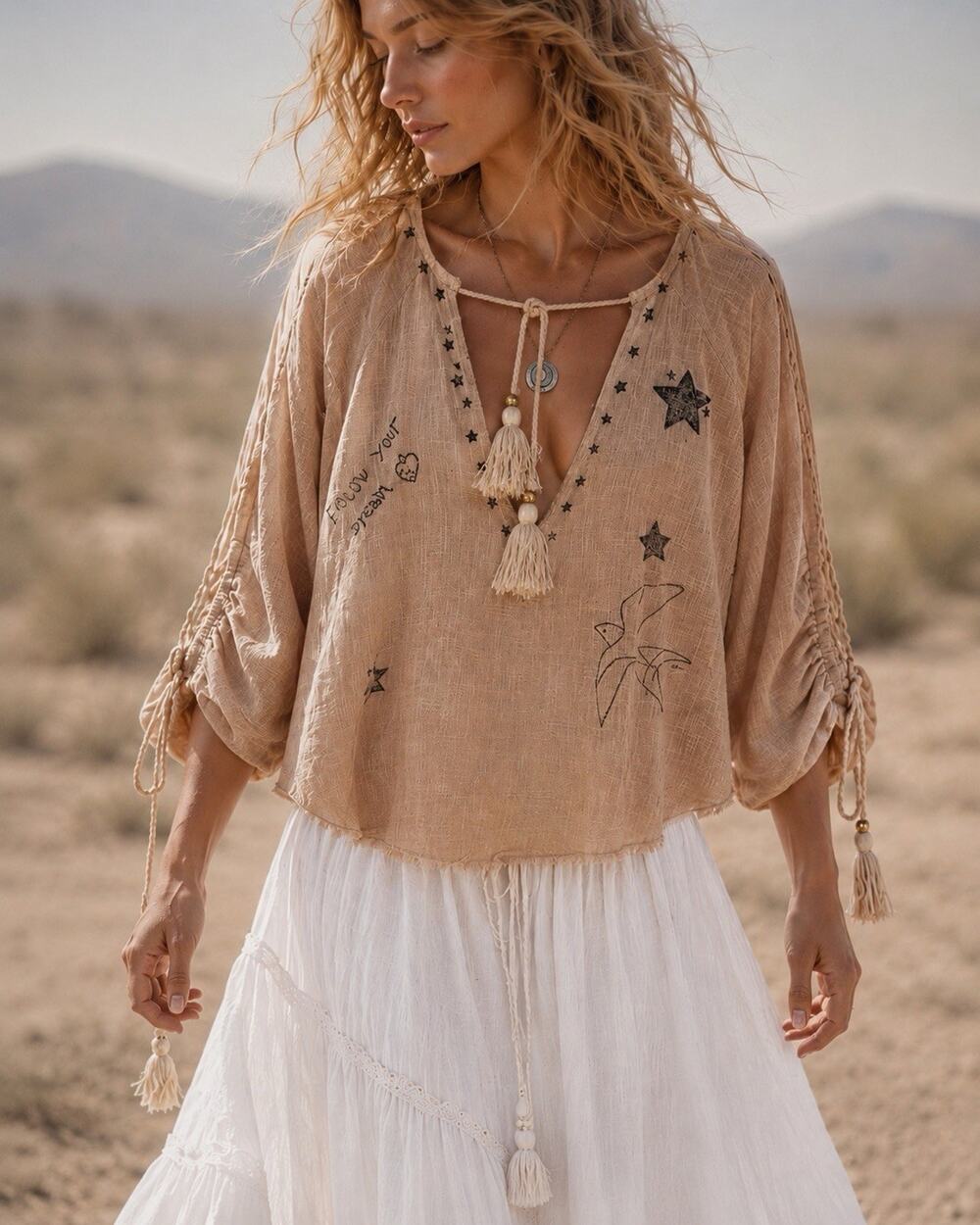 Z&L Europe Artisan Cotton Gauze Boho Blouse Beige Balloon Sleeve Women’s Large